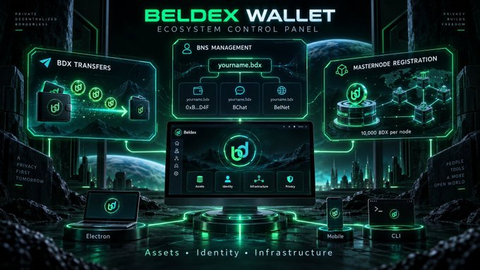 A digital dashboard titled "BELDEX WALLET ECOSYSTEM CONTROL PANEL" displays panels for BDX Transfers, BNS Management, and Masternode Registration with 10,000 BDX per node.