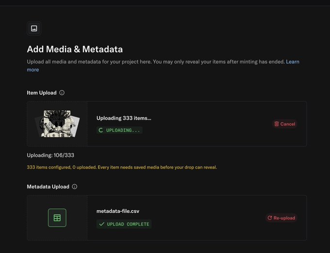 An 'Add Media & Metadata' upload interface showing 333 items uploading (106/333) with metadata-file.csv upload complete.
