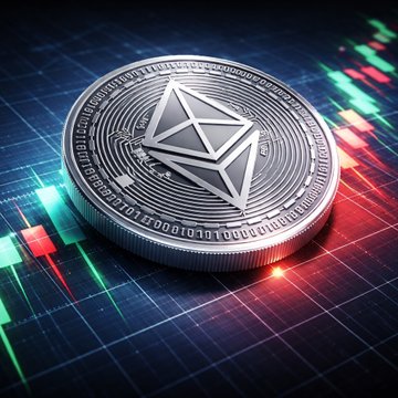 A silver Ethereum coin with the iconic diamond-shaped logo rests on a glowing candlestick chart with red and green bars, visually representing Ethereum's market activity and the recent withdrawal of 1.4M ETH from exchanges noted in the caption.