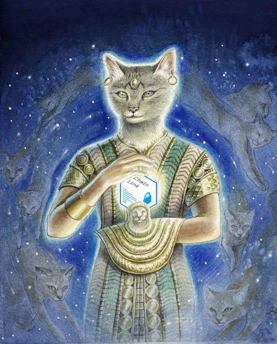 An artistic illustration depicts a cat-headed figure in ancient Egyptian attire holding a hexagonal 'Chain Link' token, surrounded by ethereal feline spirits against a starry blue background.