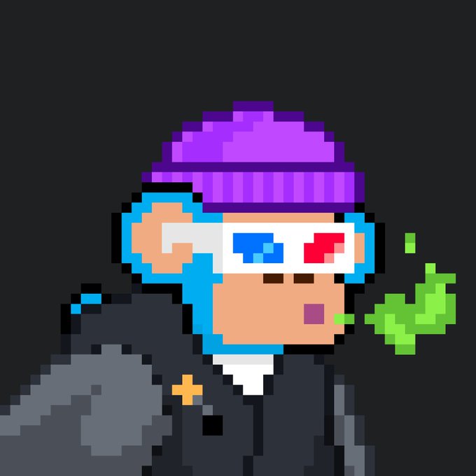 A pixel art character wearing a purple beanie and 3D glasses with red and blue lenses, appearing to vomit a stream of green pixels.