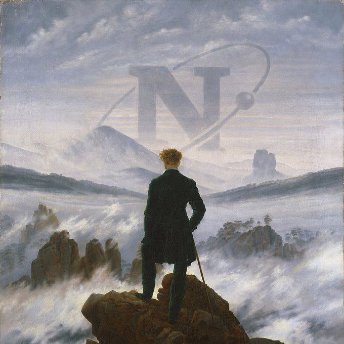 A man in a green coat stands atop a rocky outcrop, gazing out over a vast sea of fog with distant mountains in the background, evoking the contemplative mood of Caspar David Friedrich's "Wanderer above the Sea of Fog." The image serves as a symbolic metaphor for anticipating a pivotal moment, paralleling the post's discussion of a potentially significant upcoming week for $NET.