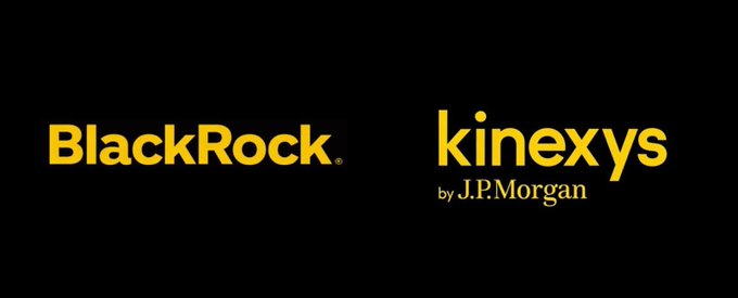 A black background displays the 'BlackRock' logo alongside 'kinexys by J.P. Morgan' in yellow text.