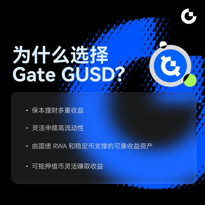 The image is a promotional graphic titled "为什么选择 Gate GUSD?" (Why Choose Gate GUSD?) with the Gate.io logo, listing benefits such as capital preservation with multiple returns, flexible redemption with high liquidity, reliable yield assets backed by Treasury RWA and stablecoins, and collateralized borrowing to flexibly earn yield. It complements the post by positioning Gate GUSD as a solution to declining USD1 yields, offering diversified earning opportunities through flexible redemption, RWA-backed returns, and collateralized lending to help users generate income instead of passively holding.