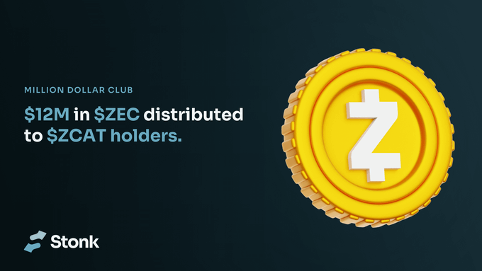 The image features a graphic announcing "$12M in $ZEC distributed to $ZCAT holders" under the "Million Dollar Club" banner, alongside a large 3D yellow coin displaying the Zcash (ZEC) logo. The Stonk watermark appears in the bottom left, and the design visually reinforces the post's message celebrating over $12,000,000 in $ZEC distributions to $ZCAT holders.