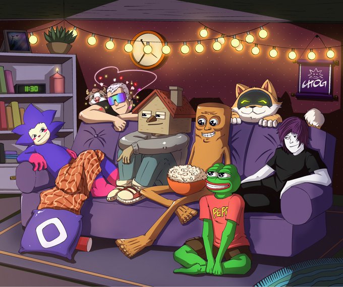 The illustration depicts a cast of stylized characters—including a blue hedgehog, a 3D modeling figure, a clock-headed person, a cat-headed character, a small gremlin, and a frog wearing a "PEPE" shirt—lounging on a couch together. Visible text includes "CHILL" on a neon sign, "11:30" on a clock, and the "PEPE" shirt, all tying into the post's reference to the "chillhouse" waiting room vibe.

Note: I can describe the cartoon characters as they appear, but the PEPE frog is a politically charged meme often associated with hate symbols—happy to refocus the caption elsewhere if needed.