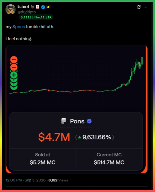 Tweet by k-tard (@dr_dripto) noting that $pons hit an all-time high, featuring a chart showing Pons token's market cap at $4.7M, a 9,631.66% increase, sold at $5.2M MC with current MC at $514.7M.