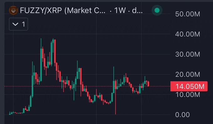 A weekly TradingView candlestick chart for FUZZY/XRP on Market C... shows current price around 14.050M with historical peaks near 40M and lows near 0.