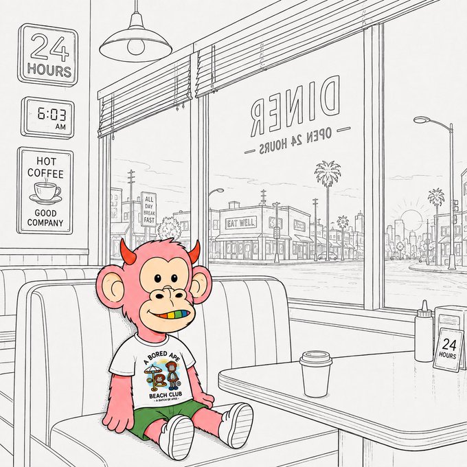 An illustration of a pink Bored Ape character with devil horns and rainbow teeth sitting in a 24-hour diner booth, wearing a 'Bored Ape Beach Club' t-shirt.