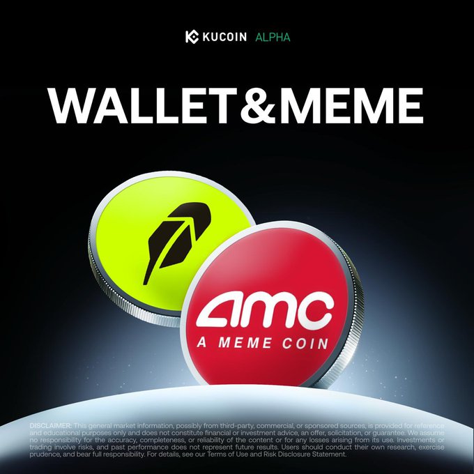 A KuCoin Alpha promotional graphic featuring stylized coin illustrations for "WALLET" (yellow/green coin with a feather-like logo) and "MEME" (red coin labeled "amc A MEME COIN") beneath the bold header "WALLET & MEME." The image accompanies an announcement that both tokens are now tradable against USDT on KuCoin Alpha, with a disclaimer noting the information is for reference only.