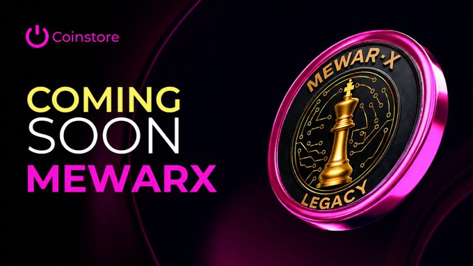 The image features a coin that has a gold design with a chess piece on top, surrounded by a pink border. The text "MEWARX/USDT" is written above the coin, while "Coinstore Stay tuned for more details" is below it. The image also includes a link to the Coinstore website and a Telegram message about the upcoming arrival of the MEWARX token on Coinstore.