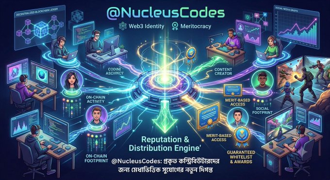 A digital illustration depicts the @NucleusCodes 'Reputation & Distribution Engine' featuring Web3 Identity, Meritocracy, and Merit-Based Access concepts with various users connected through a central network.