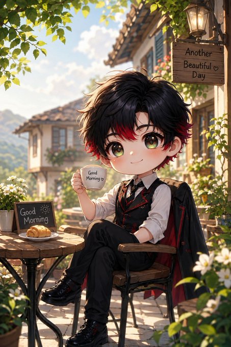 An anime-style chibi illustration of a boy with black and red hair holding a "Good Morning" mug, sitting at an outdoor café table with a pastry and another "Good Morning" sign, with a "Another Beautiful Day" wooden sign in the background.