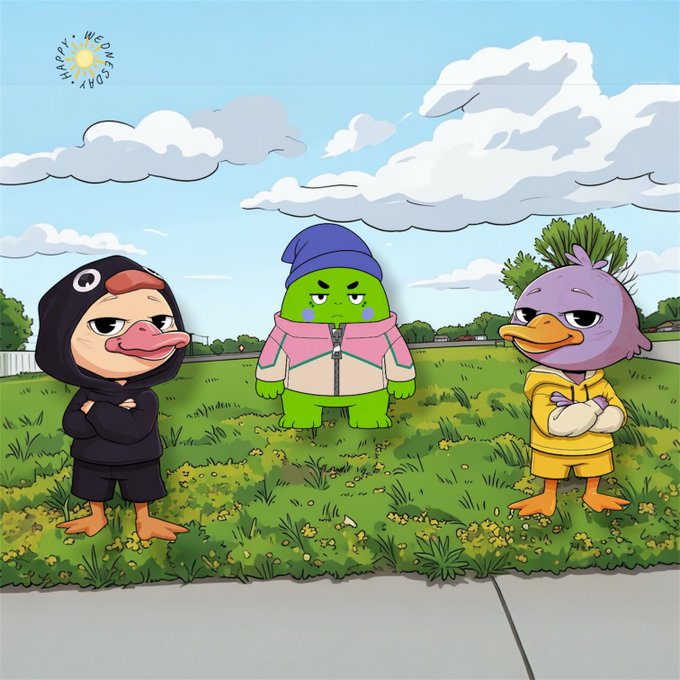 The image features three cartoon ducks standing together in a park, with one duck wearing a black hoodie while the other two are dressed in yellow jackets. The background of the image shows a grassy field under a cloudy sky, creating an outdoor setting for the scene. The post includes text that reads "gm gm x fam its wednesday touchin grass is a must was using my apple watch to track and improve my @sleepagotchi quacking is my thing yk @wallchain".