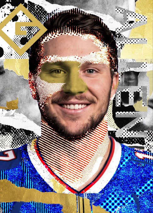 A stylized collage-style portrait of Josh Allen, the Buffalo Bills quarterback, wearing his #17 blue jersey with red and white trim, smiling at the camera with artistic glitch and halftone effects. The image serves as a visual for the new $gALLEN token, playing on a phonetic mashup of "g" (crypto token) and "Allen," referencing both the athlete's surname and his prominence in sports and crypto circles.