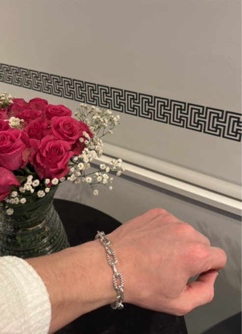 A person's wrist wearing a silver chain-link bracelet rests near a vase of pink roses and baby's breath, set against a wall with a black Greek key patterned border.