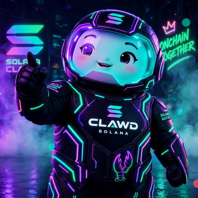 A cute animated astronaut-like character wearing a glowing purple and teal helmet and suit with 'CLAWD SOLANA' branding points forward, with 'SOLANA CLASS' and 'ONCHAIN TOGETHER' text in the neon-lit background.