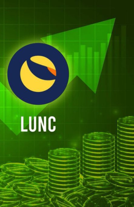 A promotional graphic for the LUNC (Terra Luna Classic) cryptocurrency showing the coin's logo with a blue circle and yellow/orange crescent, stacked coins, and an upward green arrow background.