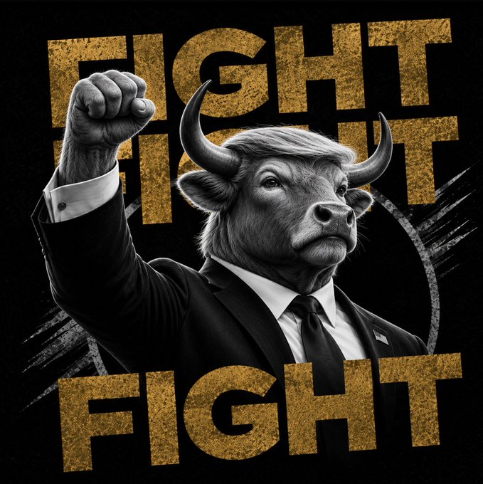 A digital illustration of a bull in a suit raising its fist, with the word 'FIGHT' displayed in large gold letters in the background and foreground.