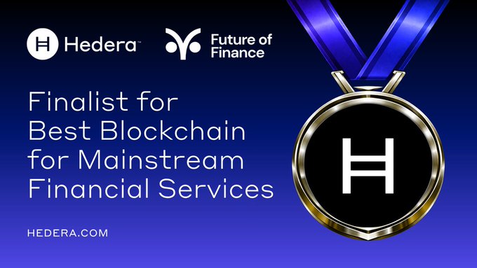 The image features a gold medal with the letter "H" on it, which is a symbol for Hedera, a company that specializes in blockchain technology. The medal is displayed against a blue background, and there are two other medals present as well. These medals are for Best Blockchain for Mainstream Financial Services. The text at the bottom of the image reads: "Focus on what is in the image and how it relates to the post".