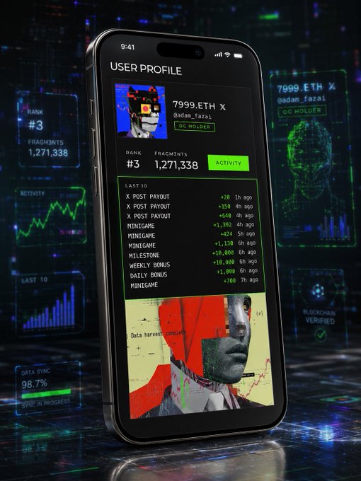 A smartphone displays a "USER PROFILE" for "@adam_fazai" (7999.ETH X) with rank #3 and 1,271,338 FRAGM3NTS, showing recent activity logs including X POST PAYOUTs, MINIGAME earnings, and a WEEKLY BONUS of +10,000 against a backdrop of floating holographic data panels. The image visually represents the post's announcement about entity profiles becoming publicly viewable within CORE 02, highlighting increased network transparency and interconnected signal tracking.