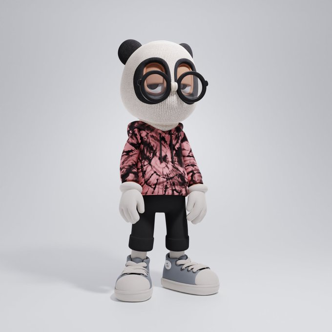 A 3D-rendered anthropomorphic panda character wearing round black glasses, a pink and black tie-dye hoodie, black pants, and white sneakers, standing against a plain light background.