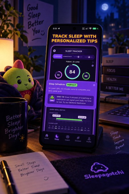 A promotional image for a sleep tracking app called 'Sleepagotchi' displayed on a phone, showing a sleep score of 84 and the slogan 'Small Steps Better Sleep Brighter Days'.