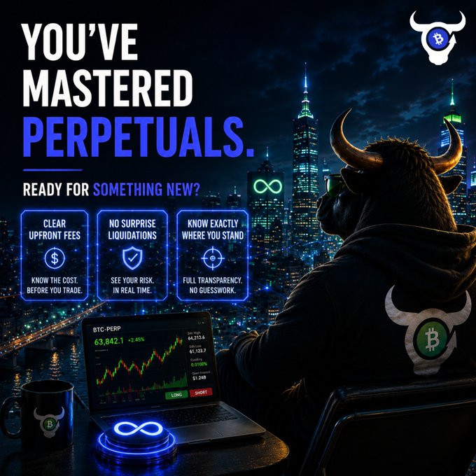 Cryptocurrency advertisement featuring a horned figure looking at a laptop displaying BTC-PERP at 63,842.1 (+2.45%), with text 'YOU'VE MASTERED PERPETUALS. READY FOR SOMETHING NEW?' highlighting clear upfront fees and no surprise liquidations.