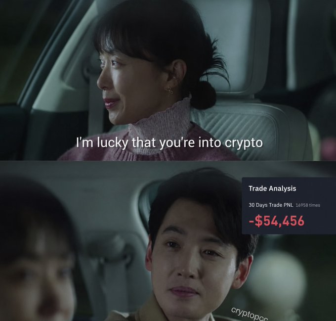 A two-panel meme from a Korean drama showing a woman saying 'I'm lucky that you're into crypto' and a man looking sad, with a 'Trade Analysis' overlay showing a '30 Days Trade PNL' of '-$54,456' and a 'cryptopop' watermark.