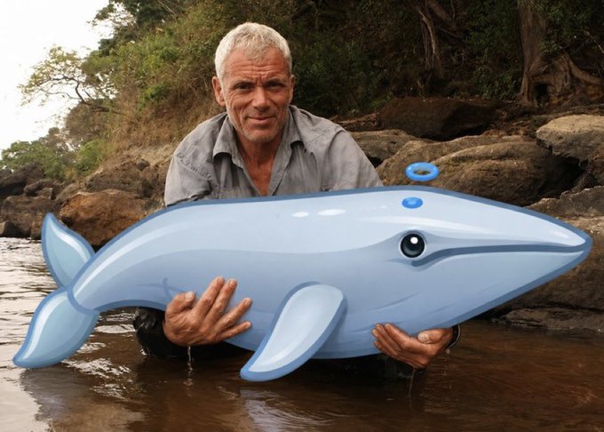 An older man stands in shallow water holding a large inflatable dolphin toy.