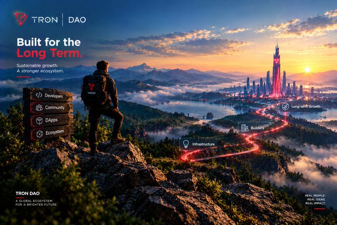A promotional banner for 'TRON DAO' featuring the text 'Built for the Long Term' and a person standing on a mountain overlooking a futuristic city connected by a glowing red line, with categories like 'Developers', 'Community', and 'DApps' listed.
