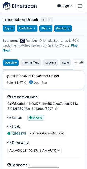 An Etherscan transaction details page shows a successful "Sale: 1 NFT On OpenSea" transaction with hash 0x9fdc0abddc4f00d73d1e4f539e987ceccd94436f0425289f4be13d136cbf8997, completed on August 5, 2021 at 06:23:48 AM UTC in block 12963375. The post references the 5-year anniversary of purchasing a profile picture (PFP) NFT, and this image displays the historic blockchain record proving the original OpenSea NFT acquisition from that period.