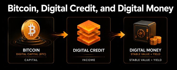 The image features a black background with three vertical columns of text. The first column displays "BITCOIN," followed by "DIGITAL CREDIT, AND DIGITAL MONEY" and "Digital Assets Stack." The second column lists various products such as "BTC," "CREDIT," "MONEY," "YIELD," and "equity." The third column provides information about the relationship between these products.