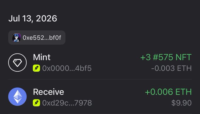 A crypto wallet activity log dated Jul 13, 2026 shows the user 0xe552...bf0f receiving +0.006 ETH ($9.90) and minting 3 #575 NFTs for -0.003 ETH on address 0x0000...4bf5. This transaction record supports the post about bridging to Robinhood Chain and minting NFTs on the platform for the first time.