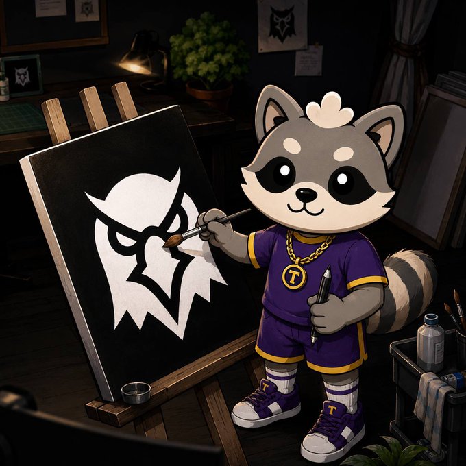 An illustrated cartoon raccoon character wearing a purple and yellow outfit with a 'T' chain, painting an owl logo on a canvas in a dimly lit studio. The owl design on the canvas matches the troll-themed art style associated with the Punk6529 ecosystem.