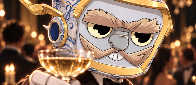 An animated clock character with a mustache and golden rim is featured alongside a cocktail glass, set against a candlelit banquet background.