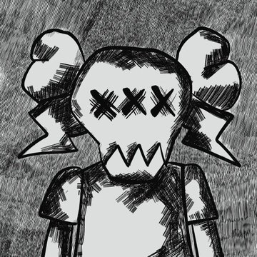A black and white sketch of a stylized character with X's for eyes, round cheeks, and hair buns, with a jagged mouth.