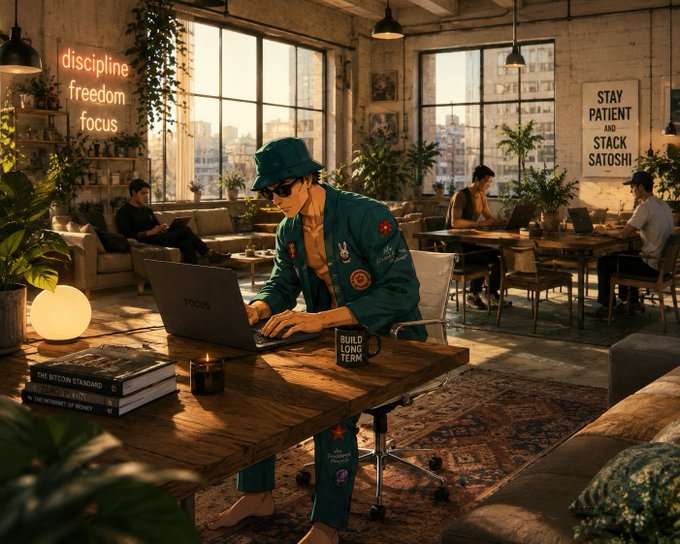 An illustration of a focused man in a teal outfit and bucket hat working on a "FOCUS" laptop in a sunlit urban loft, with books titled "THE BITCOIN STANDARD" and signs reading "discipline freedom focus" and "STAY PATIENT AND STACK SATOSHI".
