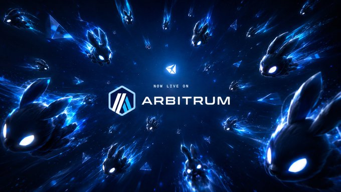 A dramatic dark blue promotional image featuring glowing rabbit-like figures radiating outward from a central "ARBITRUM" logo, with the text "NOW LIVE ON" displayed above it and a small paper plane icon. The bunny mascots visually reinforce the "Bunnz know where to click" message from the announcement about Prism's launch on Arbitrum with its GMX perps, USDai staking, and Morpho vaults features.