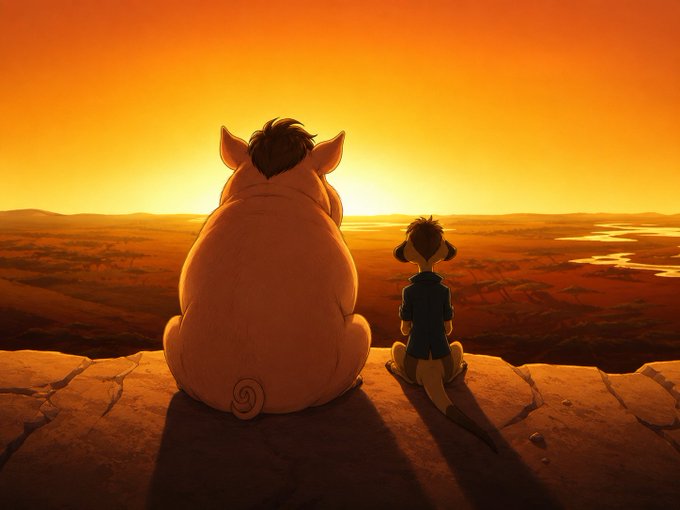 An animated illustration of Pumbaa and Timon from 'The Lion King' sitting together on a cliff overlooking an African savanna at sunset.