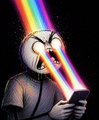 The image shows a stylized cartoon character in a black hoodie shooting vibrant rainbow laser beams from his eyes into space, symbolizing the meme's hype around "$RAGEGUY" being projected to astronomical gains, as referenced in the post's claim of the token reaching billions.