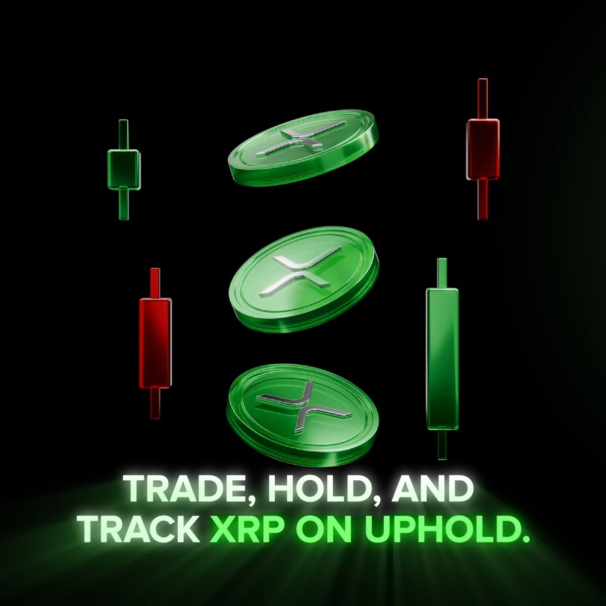 An advertisement for the Uphold cryptocurrency platform with green XRP coins and candlestick chart graphics, reading 'TRADE, HOLD, AND TRACK XRP ON UPHOLD.'