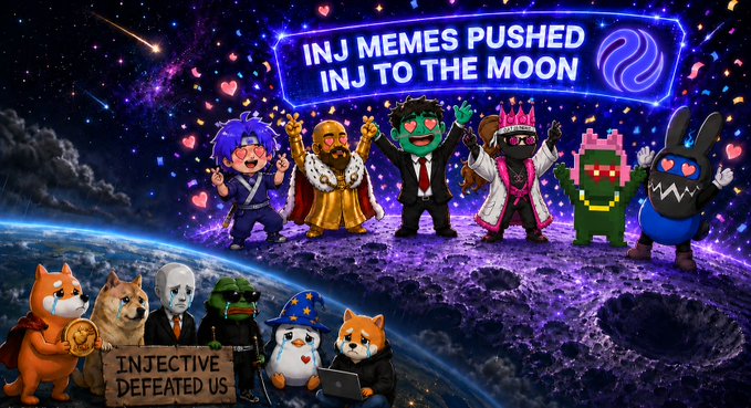 A meme image showing cartoon characters on the moon with the text 'INJ MEMES PUSHED INJ TO THE MOON'.