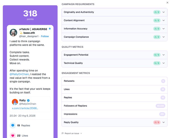 The image features a screenshot of a social media app screen showing various information about a user's profile, including the number of views, comments, followers, and shares. A section titled "#Campaign Requirements" appears at the top, and below this are some guidelines for creating content, like optimizing it for engagement and quality. In the lower right corner, there is a message from another person on social media encouraging users to "Focus on what is in the image and how it relates to the post." This could be a reminder to pay attention to the specific elements of their posts or to consider how others might perceive them based on the posted content.