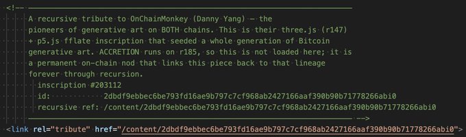 A code comment block titled '---' describing a recursive tribute inscription to OnChainMonkey (Danny Yang), referencing inscription #203112 and containing HTML link tags with tribute and recursive references.