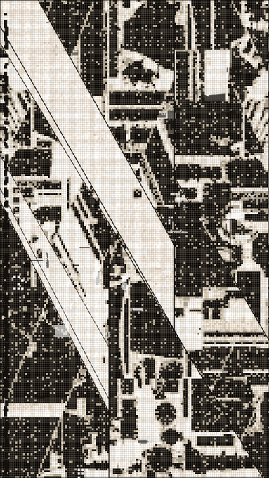 The image shows an abstract pixelated artwork composed of black and beige tiles arranged in diagonal stripe patterns against a fragmented, mosaic-like background. It relates to the post "OVEREXPOSURE 496 Tratto: MOSAIC" as the piece visually embodies a digital mosaic treatment with bold diagonal tracings cutting through its heavily textured, overexposed aesthetic.