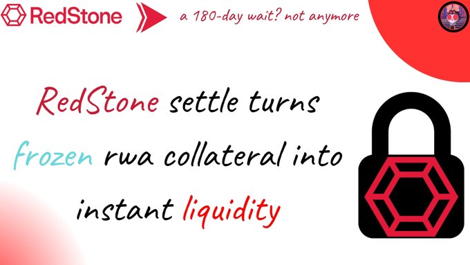 A RedStone promotional graphic with the tagline "a 180-day wait? not anymore," explaining that RedStone settle turns frozen RWA collateral into instant liquidity, accompanied by a red padlock icon.