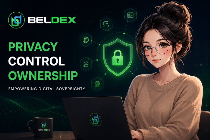 A promotional banner for 'BELDEX' featuring an illustrated woman with glasses using a laptop, with text emphasizing 'PRIVACY CONTROL OWNERSHIP' and 'EMPOWERING DIGITAL SOVEREIGNTY'.