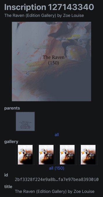 Inscription 127143340 page showing 'The Raven (Edition Gallery)' by Zoe Louise, edition (150), with parents and gallery sections displayed.