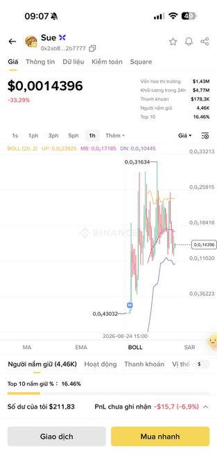 A Binance app screenshot showing a crypto portfolio for user 'Sue' in Vietnamese, displaying a token 'BOLL' with a -33.29% loss and chart data as of 2026-08-24.